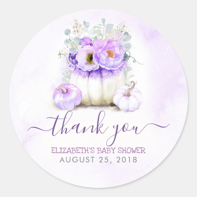 Purple Pumpkins Floral Fall Baby Shower Thank You Classic Round Sticker (Front)