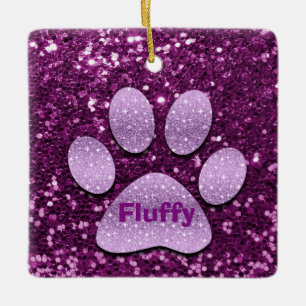 Purple Puppy Paw Purple Faux Glitter Ceramic Ornament