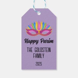 Purple Purim Mask with Feathers Family Name Gift Tags