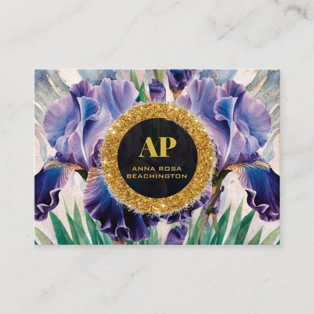 *~ PURPLE QR AP10 Fleurs IRIS Carte de visite or (Devant)