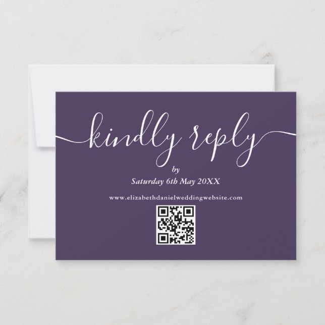 Purple QR Code Elegant Script Kindly Reply RSVP Card (Front)