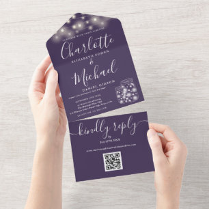 Purple QR Code Mason Jars String Lights Wedding All In One Invitation