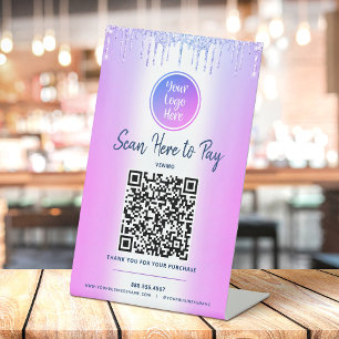 Purple QR Code Pay Here Glitter Drips Custom Logo  Pedestal Sign