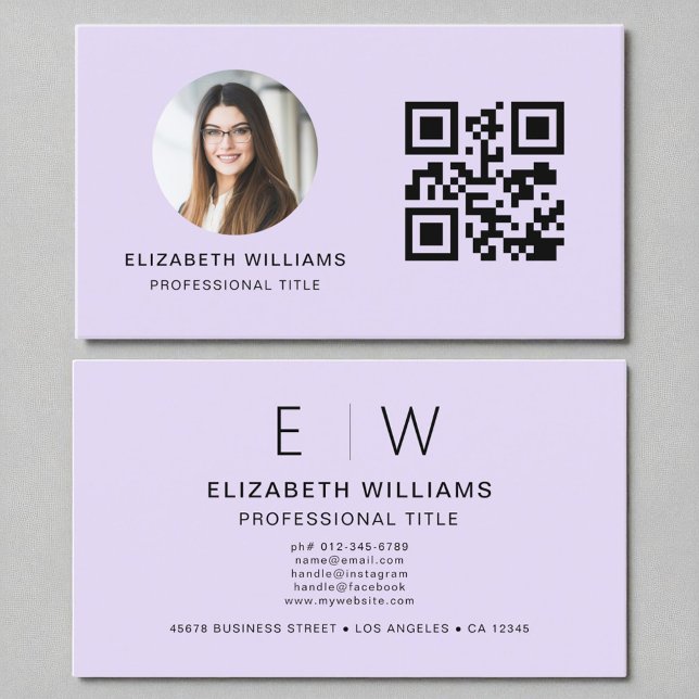 Purple QR Code Photo Monogram Minimalist Business Card (Creator Uploaded)
