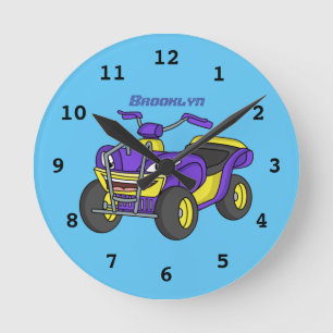 Purple Quad bike cartoon illustration Round Clock