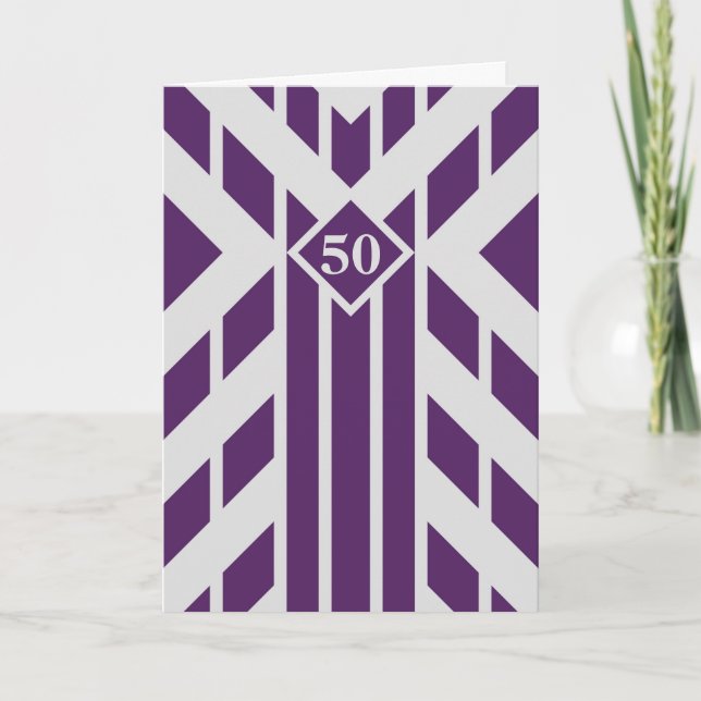 Purple Quadrangle Stripes on Grey 50th Birthday Card (Front)