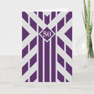Purple Quadrangle Stripes on Grey 50th Birthday Card