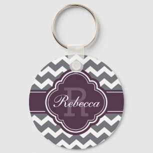 Purple Quatrefoil Monogram Gray Chevron Pattern Keychain