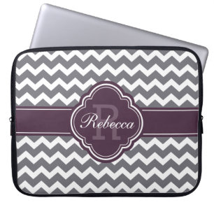 Purple Quatrefoil Monogram Grey Chevron Pattern Laptop Sleeve
