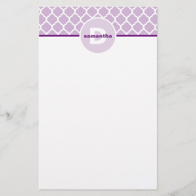Purple Quatrefoil Monogram Stationery (Front)