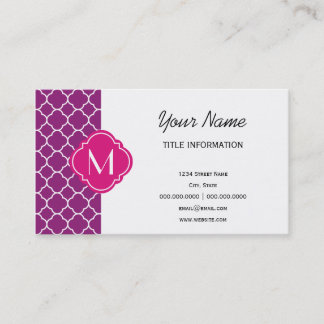 Purple Quatrefoil Pattern with Monogram Business Card