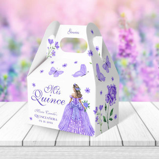 Purple Quinceañera Butterfly and Roses Floral Favor Box