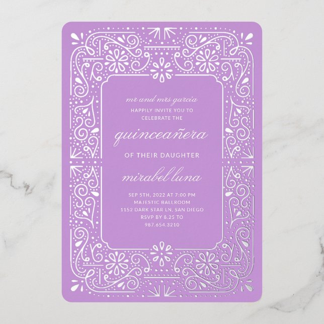 Purple Quinceañera invitaciones Foil Invitation (Front)