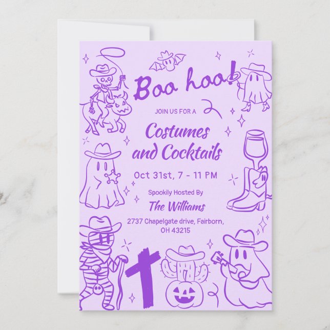 Purple Quirky Hand Drawn Cowboy Halloween Party  Invitation (Front)