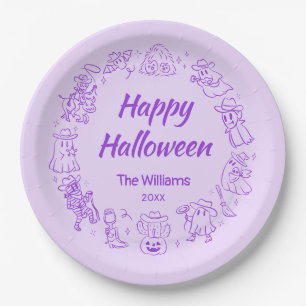 Purple Quirky Hand Drawn Cowboy Happy Halloween Paper Plate