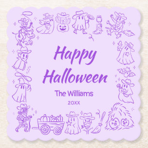 Purple Quirky Hand Drawn Doodles Happy Halloween Paper Coaster