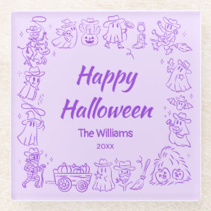 Purple Quirky Hand Drawn Scribbles Halloween Glass Coaster