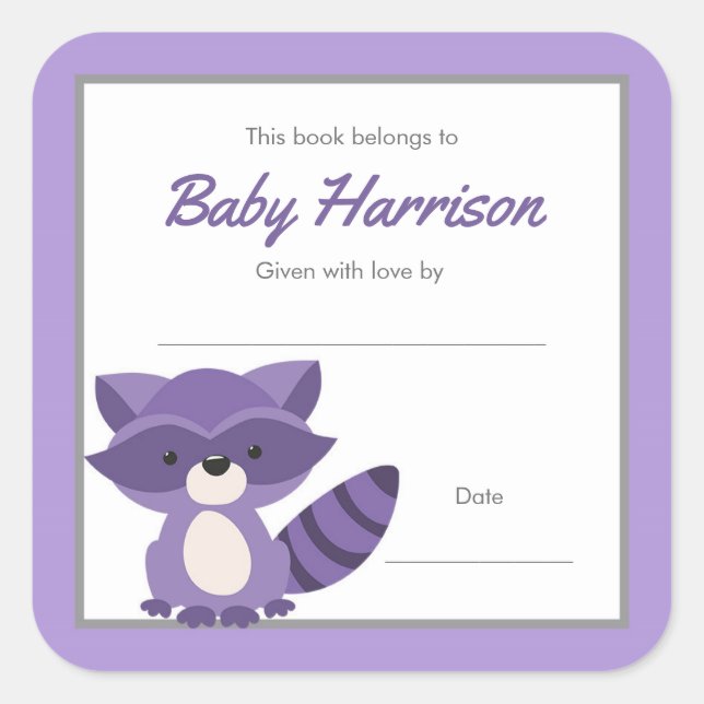 Purple Raccoon Baby Shower Bookplate, girl book Square Sticker (Front)