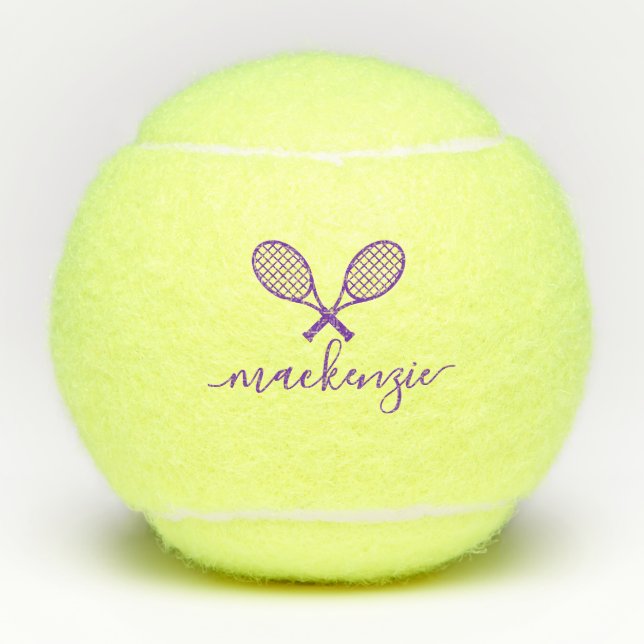 Purple Racquets with Name Personalized  Tennis Balls (Front)