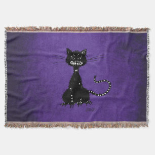 Purple Ragged Evil Black Cat Throw Blanket