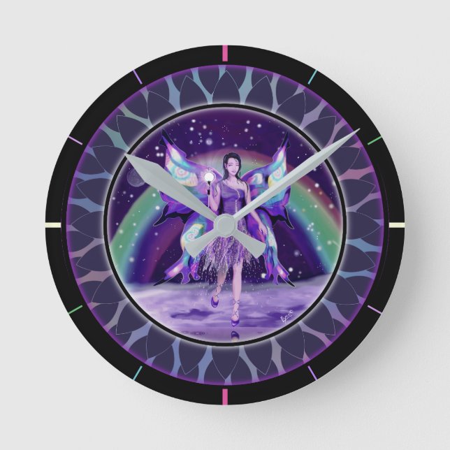 Purple Rain Fairy Round Clock (Front)