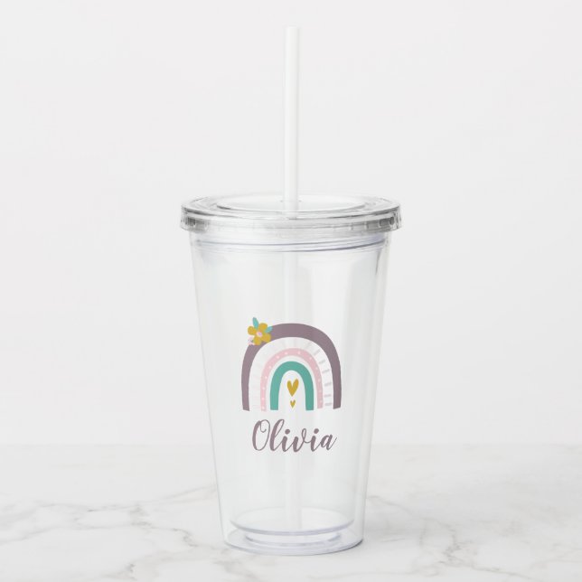 Purple Rainbow and Flower personalized Acrylic Tumbler (Front)