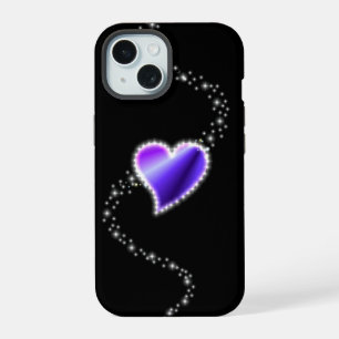 Purple Rainbow Heart with Stars on black iPhone 15 Case