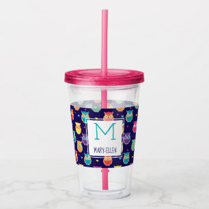 Purple Rainbow Owl Pattern Monogrammed Girls Acrylic Tumbler