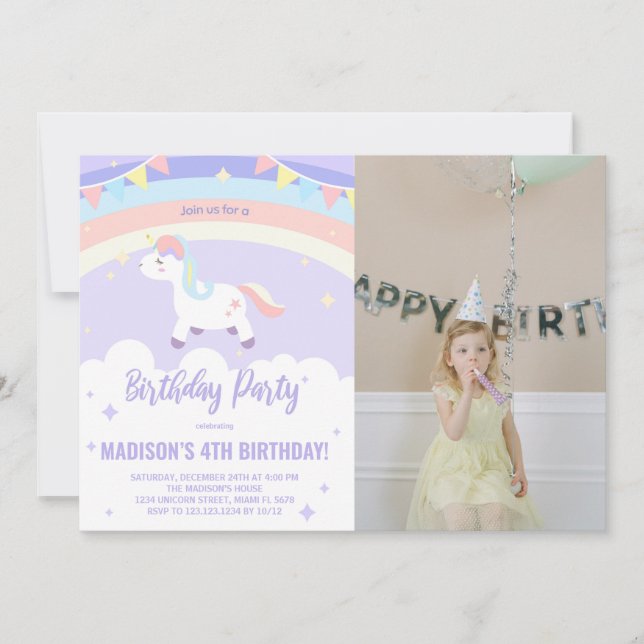 Purple Rainbow Unicorn Anniversaire Invitations ph (Devant)