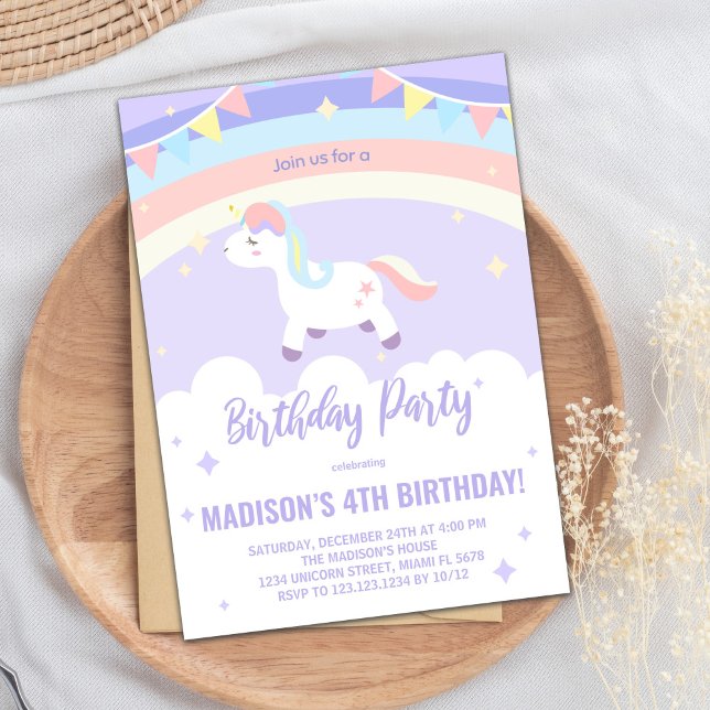 Purple Rainbow Unicorn Invitations d'anniversaire (Purple Rainbow Unicorn Birthday Invitations)