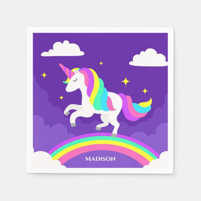 Purple Rainbow Unicorn Personalized Name Magical Napkin (Front)