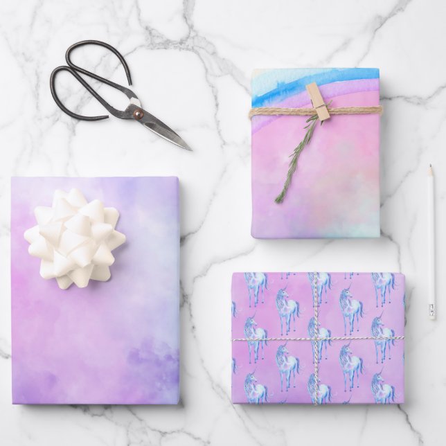 Purple Rainbow Unicorn Wrapping Paper Sheet (Front)