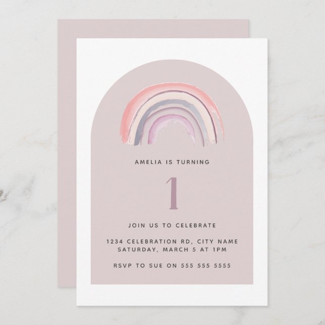 Purple Rainbow Watercolor First Birthday Invitation (Front/Back)