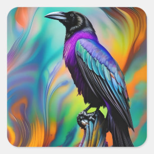 Purple Raven,  northern lights background Square Sticker