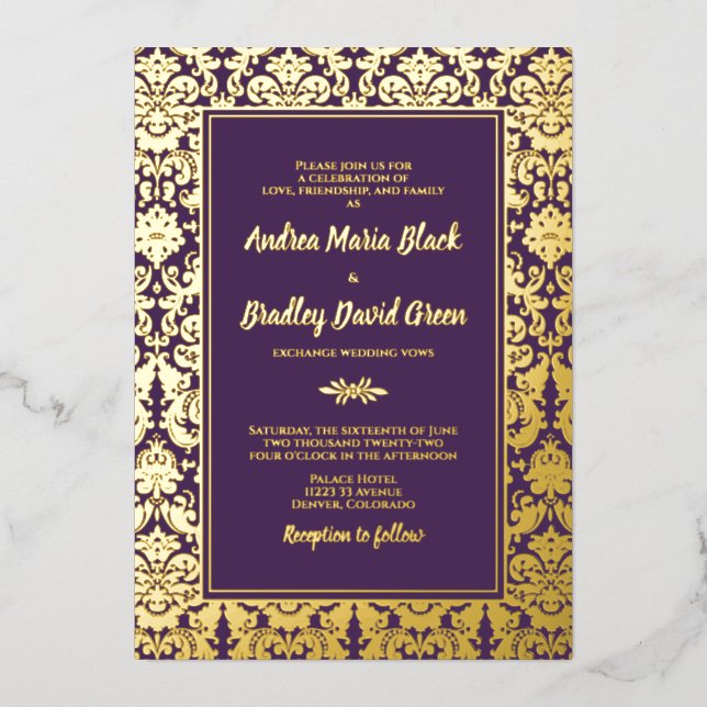 Purple Real Gold Foil Damask Wedding (Front)