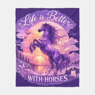 Purple Rearing Horse Sunset Fantasy Art Fleece Blanket