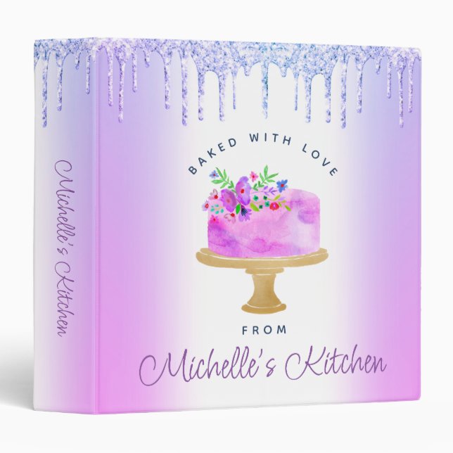 Purple Recipe Cookbook Cake Glitter Drips Baking Binder (Front/Spine)