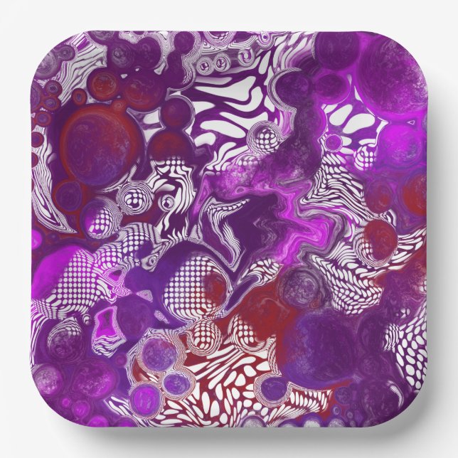 Purple Red Abstract Modern Marble Fluid Art  Paper Plate (Front)