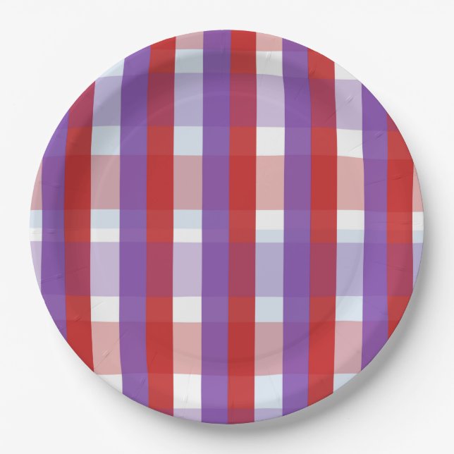 Purple, Red and Pink Gingham Paper Plate (Front)