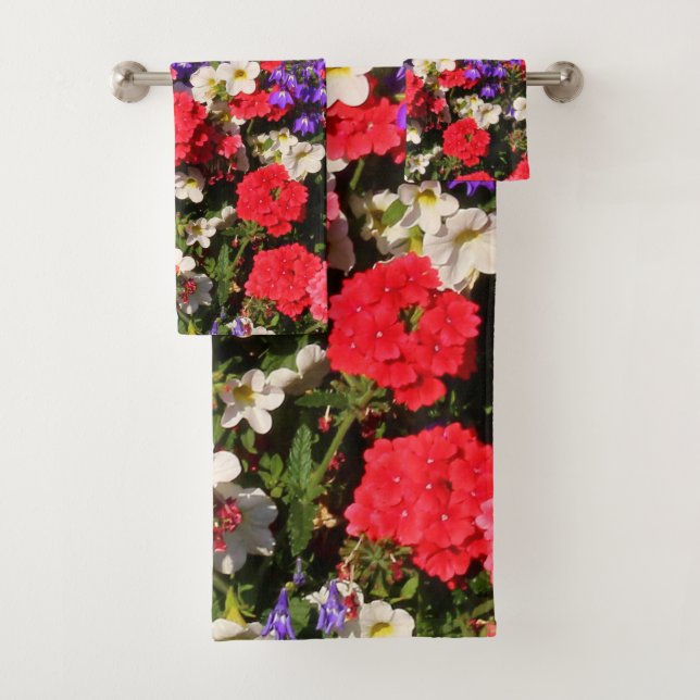 Purple, Red, and White Annual Flowers Bath Towel Set (Insitu)