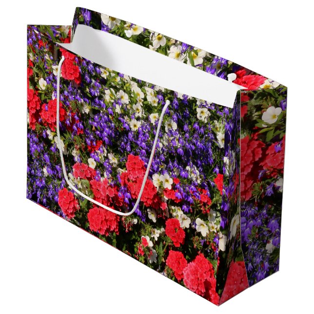 Purple, Red, and White Annual Flowers Large Gift Bag (Front Angled)