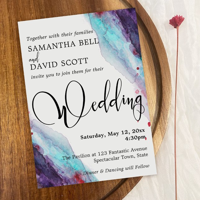 Purple Red Aqua Watercolor Modern Wedding 2 Invitation (Creator Uploaded)