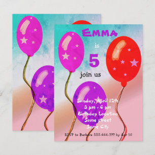 Purple Red Balloons Kids Birthday Party  Invitation Postcard