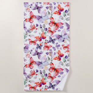 Purple Red Butterflies Beach Towel