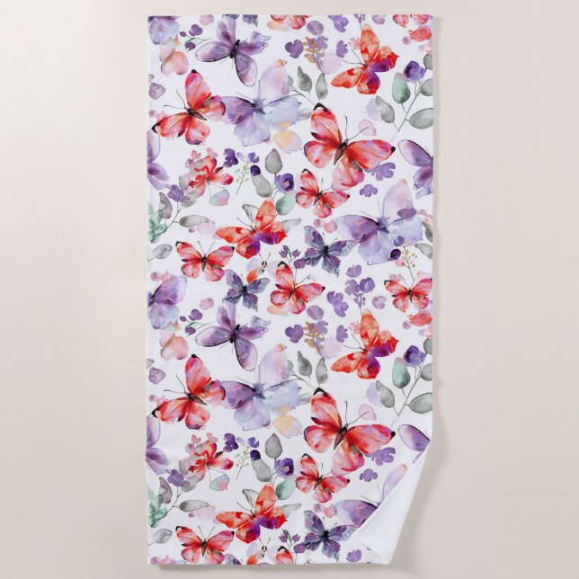 Purple Red Butterflies Beach Towel (Front)