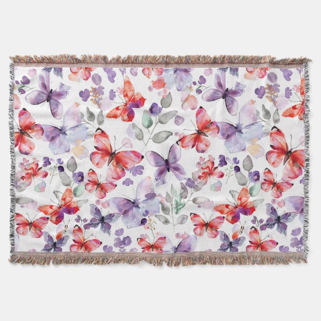 Purple Red Butterflies Throw Blanket (Front)