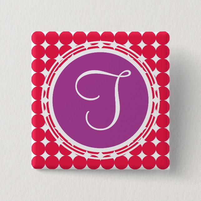 Purple & Red Polka Dot Monogram 2 Inch Square Button (Front)