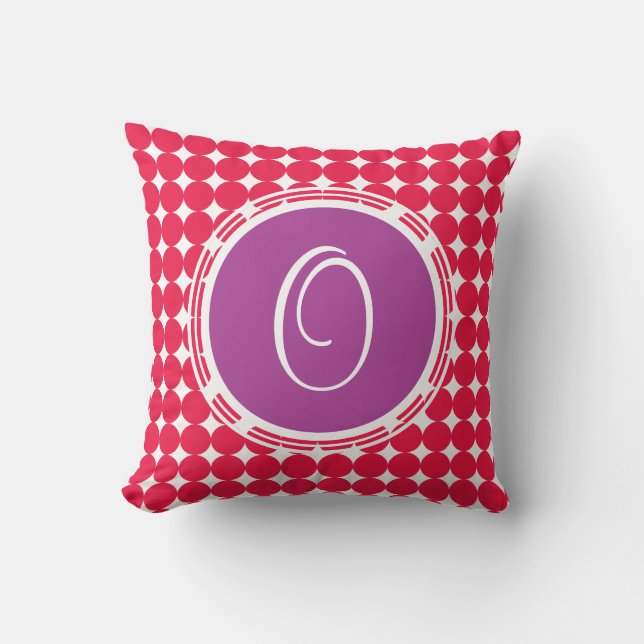 Purple & Red Polka Dot Monogram Throw Pillow (Front)