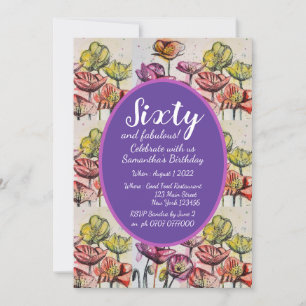 Purple Red Poppy Floral 60th Birthday Invitation