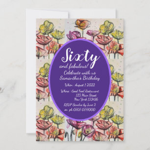 Purple Red Poppy Floral 60th Birthday Invitation